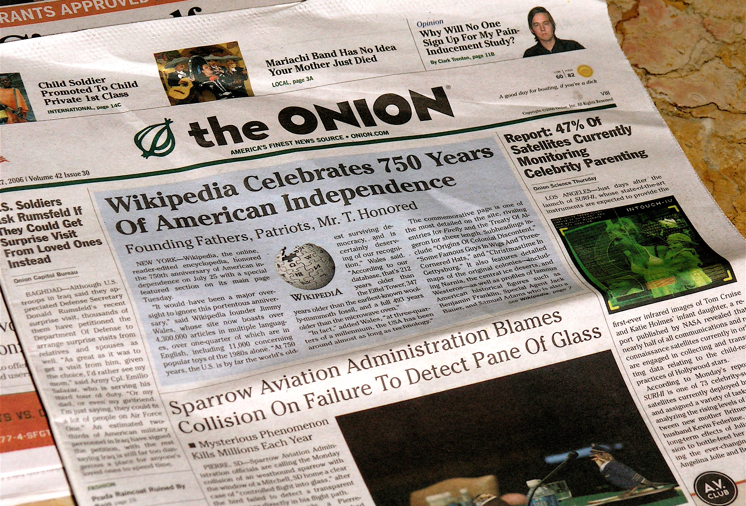 Front page of Onion Newspaper: Headline reads Wikipedia Celebrates 750 Years of American Independence